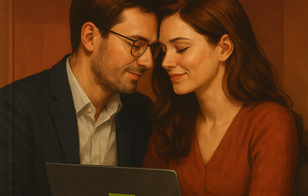 Casal sorrindo lado a lado em frente a um laptop com o logotipo da Nvidia, representando o romance por trás da criação da empresa bilionária.